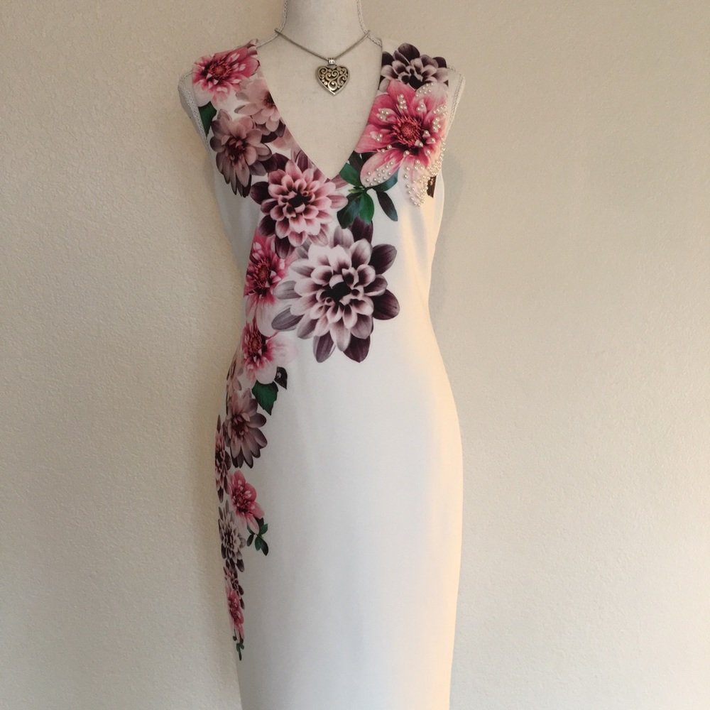 Pearl Embellished Printed Sheath Dress Calvin K.